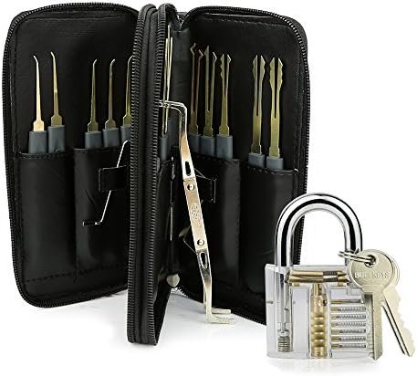 24 Pcs Lock Pick Set in Leather Packege + Transparent Cutaway Padlock by HOWSAN(TM), for Lock Pick Training Trainer Locksmith Practice