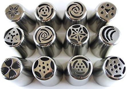 Russian piping tips 14 pc set- cake/cupcake decorating icing tips-12 piece large stainless steel nozzles-1 color coupler-1 FREE BONUS large reusable silicone pastry bag