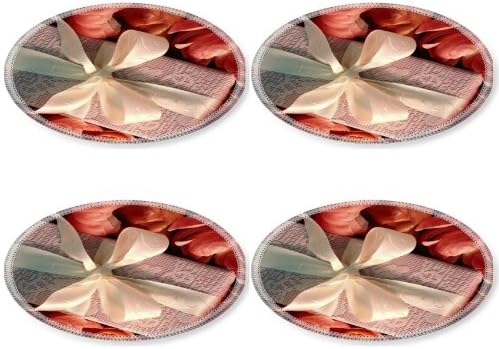 Roses Flowers Petals Gift Surprise Ribbon Round Coaster (4 Piece) Set Fabric Rubber 5 Inch Size Liil Coaster Cup Mug Can Water Bottle Drink Coasters Stain Resistance Collector Kit Kitchen Table Top Desk