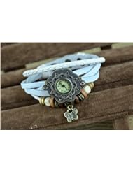 KANO BAK(TM) Vintage Wrap Around Leather Retro Weave Wrap Quartz Bracelet Woman Unisex Sunflower Butterfly Gift Watch White