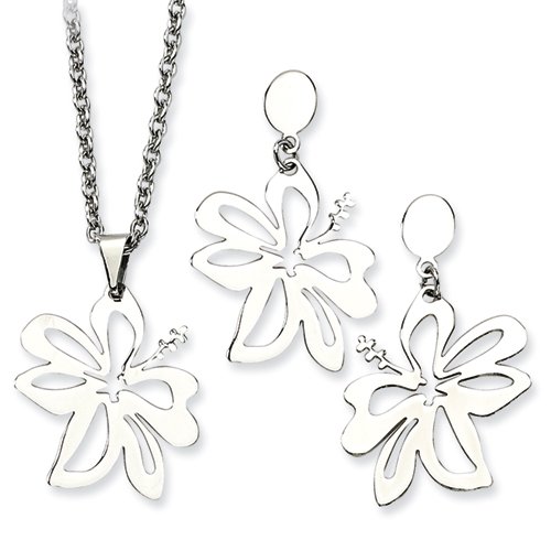 Stainless Steel Hibiscus Flower Post Earrings And 19in Pendant Set