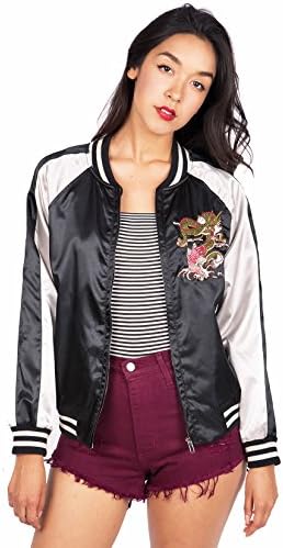 Comme Women's Bomber Jacket w Emroidered Dragon Design (M, Black)