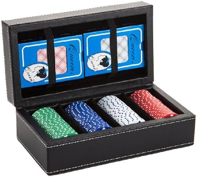 Wilouby Men's Black Leather Poker Set, includes 2 Decks and 100 Chips