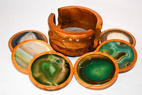 Green Agate Coaster Set with Wooden Base (Set of 6)
