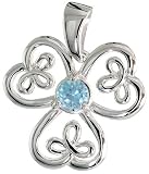 Sterling Silver Celtic Shamrock Flower Pendant, w/ Brilliant Cut Natural Blue Topaz Stone, 1" (25mm) tall