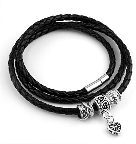 Bamoer Leather Silver Charm Bracelets for Men Women Bangle Jewelry (Black)