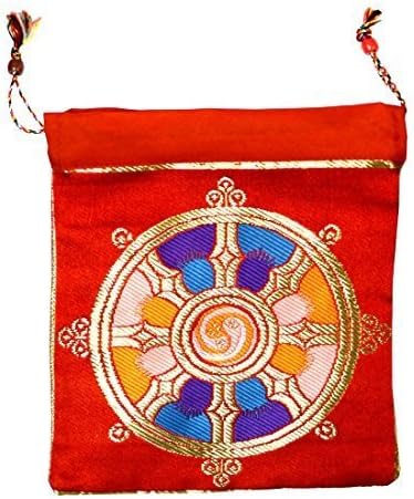 Mandala CraftsR Tibetan Buddhist Double Sided Satin Brocade Drawstring Gift Bag, Singing Bowl Bag, Mala Bag (Red Dharma Wheel) by Mandala CraftsR