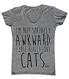 P&B I'm not Socially Awkward I just Love Cats Women's V-neck, M, H. Grey