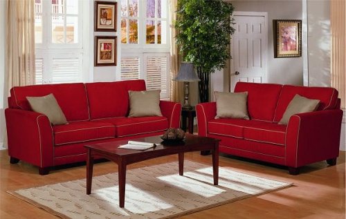 Kitchen: 2 pc red microfiber fabric upholstered sofa and love seat set