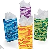 24 Paper Bright Assorted Color Camo Bags - Camouflage Goody Party Favor Treat or Lunch Bags - Bulk Pack (2 Dozen)