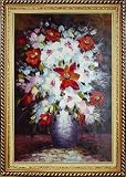 Beautiful Red, White and Pink Flowers in Vase Oil Painting, with Linen Liner Gold Wood Frame 42.5 x 30.5 inches