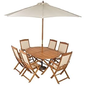 HARDWOOD WOODEN GARDEN FURNITURE AND PATIO FURNITURE SET - Oval Kensington Table (160CM) with 6 x Textaline Armchairs - FREE Parasol, Parasol Cover, Parasol Base and Parasol Light - FAST FREE 72HR (3 WORKING DAYS) DELIVERY