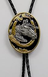 Horse Head w/Horse shoe Black/Gold Enamel Bolo Tie
