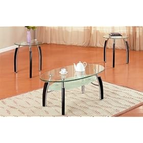 3pc Modern Oval Metal and Glass Coffee & End Table Set