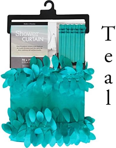 Solid Color Shower Curtain with Two Feather-Like 3D Design Bands (Teal)