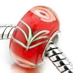 Pink Flower Against Red Murano Glass Beads Pandora Chamilia Charm Compatible
