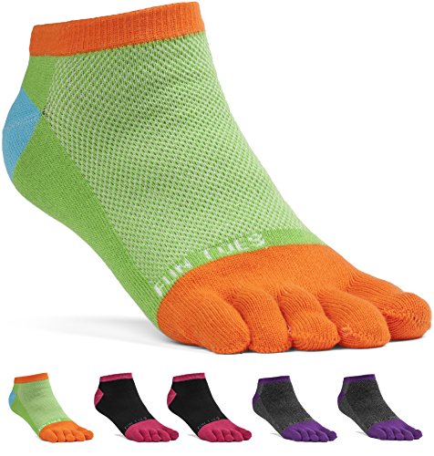 FUN TOES Women's Cotton Toe Socks-Breathable-6 PAIRS Pack-Size 9-11-Lightweight (2 Fun Green/2 Black Coral/2 Grey purple)