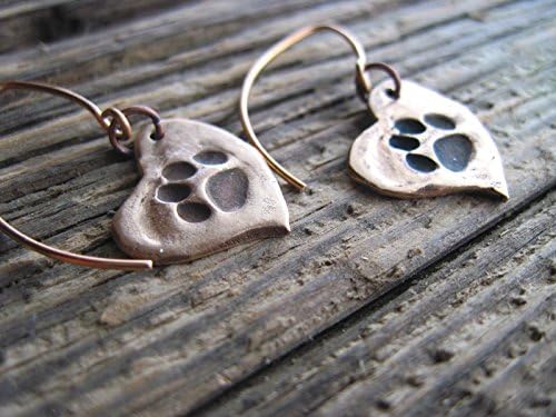 Paw Print Earrings - Bronze Dog Earrings - Hand Crafted Charm on solid Bronze ear wires - Recycled Metal - Tiny Heart earrings Matching necklace available