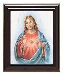Sacred Heart of Jesus in Blue Cloak and Gloss Walnut Wood Frame with Gold Trim, 10.75" x 12.75" - MADE IN ITALY