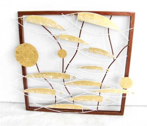 Abstract Wall Decor Hand Painted On Metal, Surrounded By Brown Wooden Frame