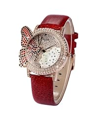 Rose Gold Lady Women Girl Crystal Butterfly Red Leather Band Quartz Wrist Watch WK1160