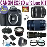 Canon EOS 7D 9 Lens Deluxe Kit with EF-S 18-55mm f/3.5-5.6 IS II Zoom Lens & EF 75-300mm f/4-5.6 III Telephoto Zoom Lens + 500 Telephoto Preset Lens + 16GB Deluxe Accessory Kit + 3 Year Celltime Warranty