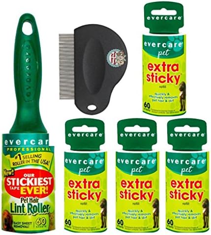 Evercare Pet Hair Extra Sticky Lint Roller With 4 Refills 300 Total Sheets With Fuzzy FamilyTM 3-Inch Flea Comb