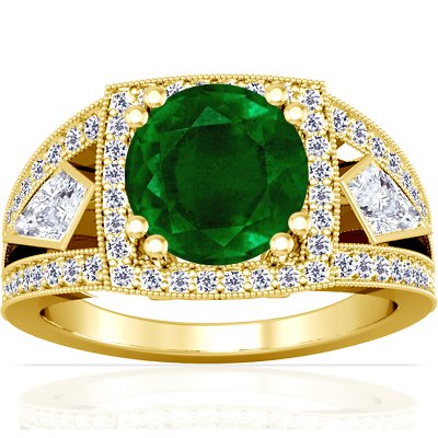 18K Yellow Gold Round Cut Emerald Ring With Sidestones