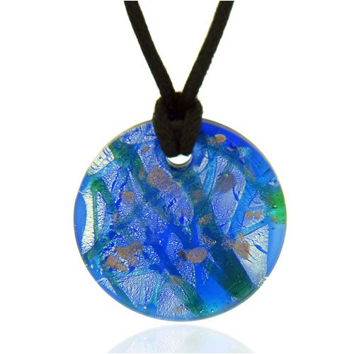 Blue And Silver Foil Murano Glass Round Necklace Pendant