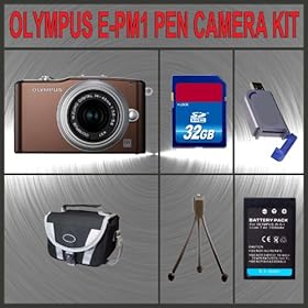 Olympus PEN E-PM1 Digital Camera (Brown) W/14-42mm Lens + Huge Accessories Package Including 32GB SDHC Memory Card + High Capacity PS-BLS-1 Replacement Lithium-Ion Battery + Hi-Speed SD Card Reader + Carrying Case + Table Top Tripod Kit