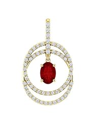 10K Yellow Gold 7.00x5.00mm Oval Cut Ruby and Diamond Double Circle Pendant -- LIFETIME WARRANTY