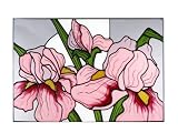 Irises Pink (Contemporary) Horizontal Art Glass Panel Wall Hanging Suncatcher 14 x 20