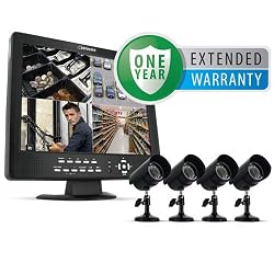 Defender SENTINEL11 4-Channel H.264 15" LCD-DVR with Mobile Phone Access and 4 Indoor/Outdoor Night Vision Surveillance Cameras & Bonus 1 Year Extended Warranty