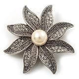 Antique Silver Pearl Crystal Flower Brooch