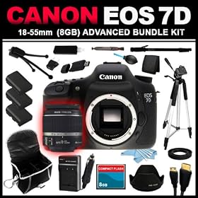 Canon EOS 7D 18 MP CMOS Digital SLR Camera with 3-Inch LCD and Canon EF-S 18-55mm f/3.5-5.6 IS SLR Lens (8GB Advanced Bundle Kit) includes x3 Batteries, Charger, Case, Memory Card, Memory Card Wallet, HDMI Cable, Table Tripod, Full Size Tripod, Monopod, USB Card Reader, x3 Filters, Lens Hood, Rubber