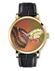 SPRAWL Aanalog Fashion Series Gold Ladies Watches of Genuine Black Leather Strap,Unique Wrist Watch for Women Girls Designed with Butterfly on a flower