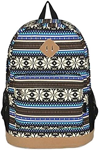 Unisex Tribal Boho Style Flower Print Canvas Backpack School College Laptop Bag for Teens Girls Boys Students, Blue