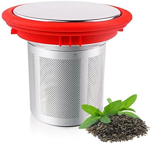 Infused Tea Basket | Food Grade Nontoxic Stainless Steel Loose-Leaf Tea Infuser Steeper Filter Strainer with Fine Mesh | Outstanding for Coffee and Tea with Silicone Lid | Vibrant Red