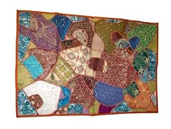 Vintage Beaded Sari Tapestry India Russty Orange Wall Hanging