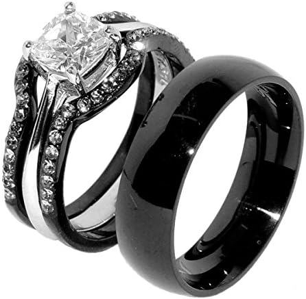 His & Hers 4 PCS Black IP Stainless Steel Wedding Ring Set/Mens Matching Band