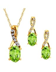 1.61 Ct Oval Green Peridot Gold Plated Silver Pendant Earrings Set