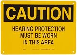 Brady 43042 10 Height, 14 Width, B-555 Aluminum Black On Yellow Color Ear Protection Sign Legend Caution Hearing Protection Must Be Worn In This Area