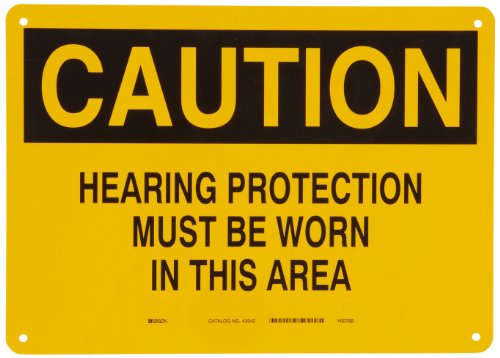 Brady 43042 10 Height, 14 Width, B-555 Aluminum Black On Yellow Color Ear Protection Sign Legend Caution Hearing Protection Must Be Worn In This Area