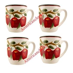 Handpainted Apple Coffee Mug Set...Salt pepper shakers and Wooden Spice rack also... by Clocks