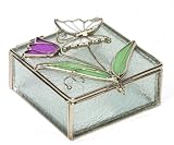 Glass Jewelery Trinket Box with Purple Tulip & Butterfly