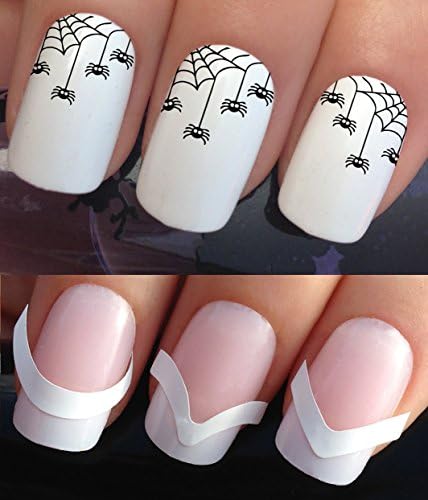 HALLOWEEN WATER NAIL TRANSFERS DECALS STICKERS ART SET #672 &amp; 172. **plus x48 nail tip guides!!** x12 FRENCH TIP HALF MOON CORNER SPIDER WEBS TATTOO COSTUME PARTY WRAPS &amp; x48 FRENCH MANICURE TIP GUIDES! CAN BE USED WITH NATURAL GEL ACRYLIC STICK ON NAILS! OR WITH GLITTER DUST CAVIAR BEADS ALLOYS DECORATIONS CONFETTI FIMO SHAPES TAPE PENS RHINESTONES!