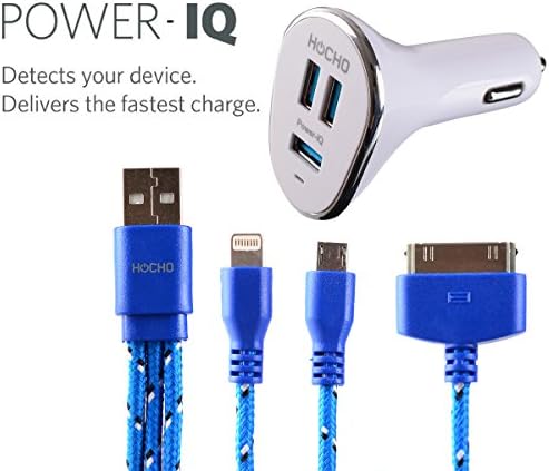 HOCHO 3-Port (Smart Port) Car Charger(6.6Amp,33W) Pack with 1.31 FT 3 in 1 charging Cable(8 pin lightning + 30 pin + Micro USB) for iPhone 6 / 5s / 5c / 5/4/4s, iPad Air / mini / mini2, iPad 1/2/3/4, Samsung Mobile Phones Galaxy S4, Google Nexus 5, Nokia Lumia 1020, Galaxy S3, Moto G, Samsung GalaxyS3/S5,Note2/3/4, Tab 3, Asus Google Nexus 7 7-inch, Sony Xperia, HTC One And More - White.