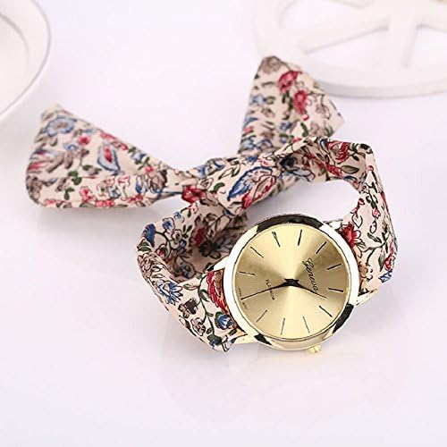 Shensee Retro Female Bohemia Floral Jacquard Cloth Quartz Dial Bracelet Wristwatch Watch Beige