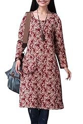 General Print Cotton Feathers Long Sleeves Round Neck  Shirt  Dress