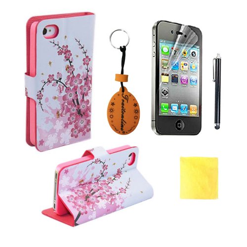 (TRAIT)4IN1 Pink Flower PU Leather Wallet Cases Protective Skin for iphone4 4S 4G Flip Folio Case Stand Holder+touch Screen Pen +Screen Protector +Cleaning Cloth